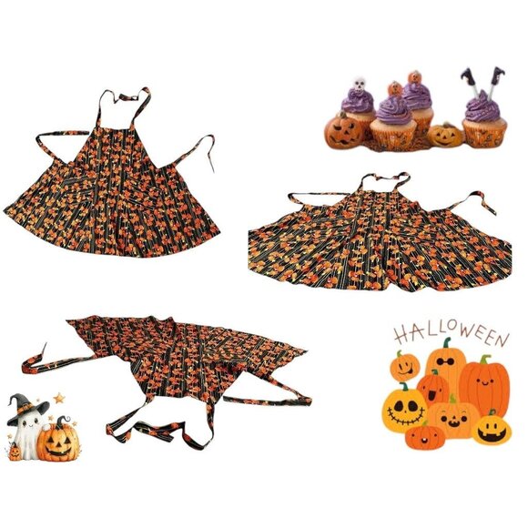 Vintage Handmade Halloween Apron Jack O Lanterns Pockets Baking Trick Treat New - Picture 11 of 12
